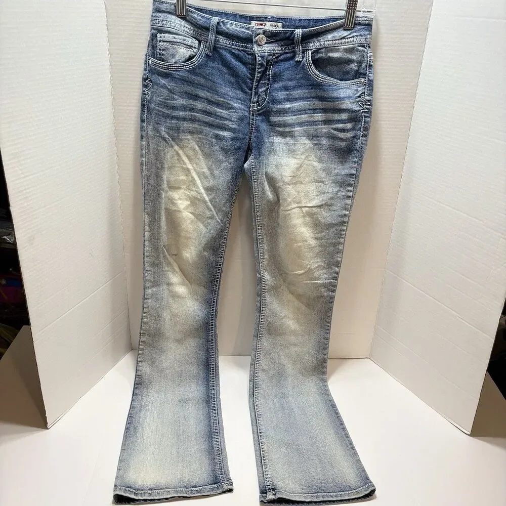 VINTAGE L.E.I Jeans Women’s 5 Ashley Low Rise Boot Flared Faded Y2K 30x32 Bling